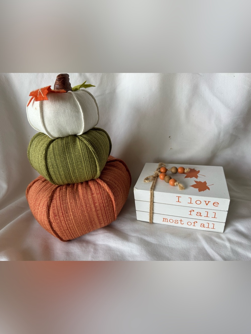 Rust Orange, Olive Green & Cream Stacked Fabric Pumpkins - Home Accents